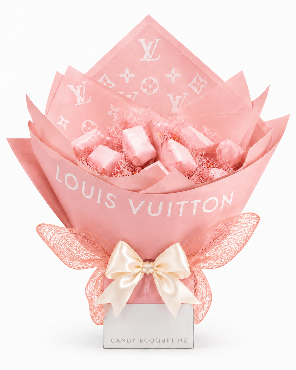 Baby Girl Louie pink candy bouquet with white Candy Bouquet NZ base