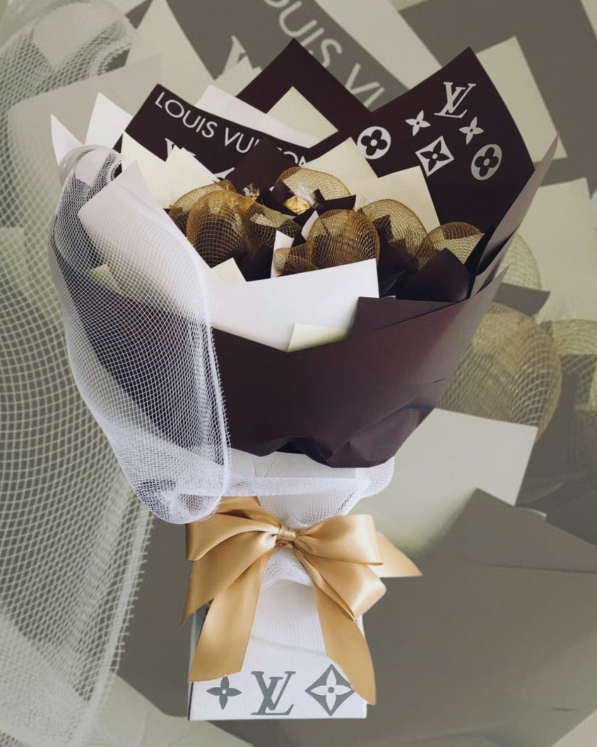 Black, white and gold Louis Vuitton-inspired designer candy bouquet